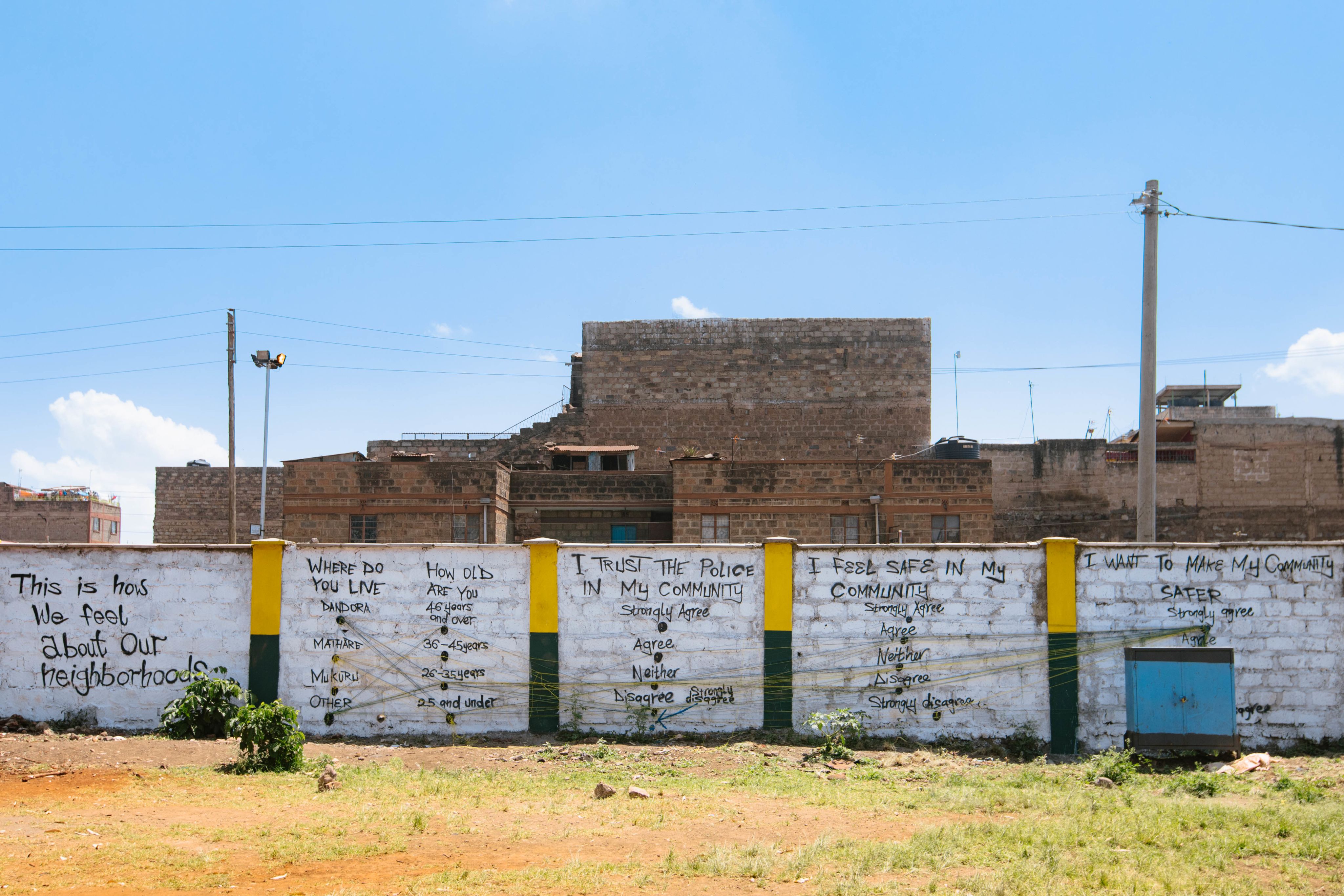 An interactive data visualisation mural on a brick wall. It is full of ropes stringed to answer questions about police and safety in the community.